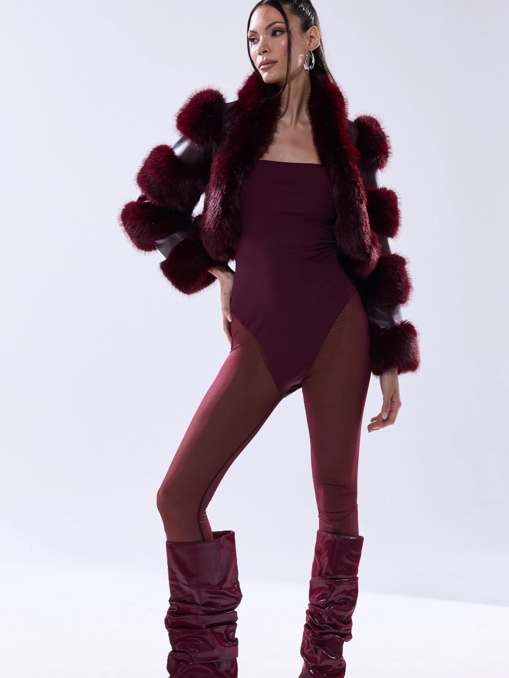 AKIRA Wine Burgundy Strapless Jumpsuit with Faux Fur Trim Jacket